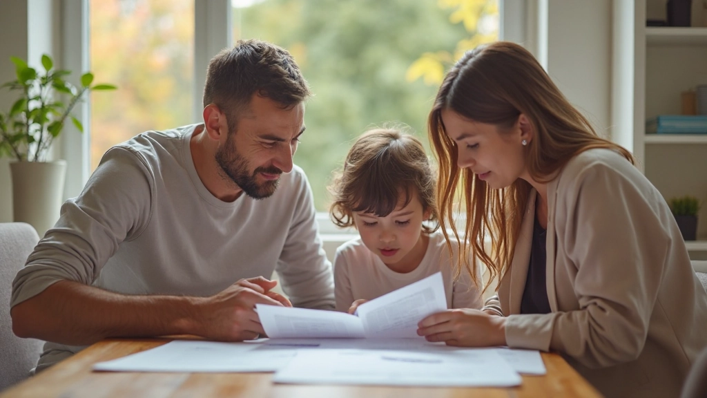 Семья планирует финансовые цели вместе за столом с документами и калькулятором