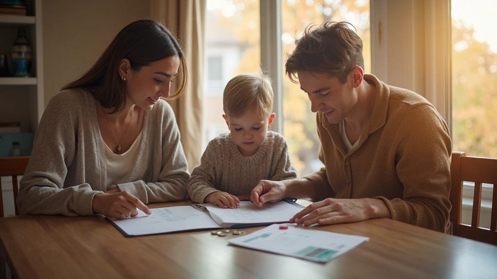 Фотография семьи, обсуждающей финансовые планы за столом с документами
