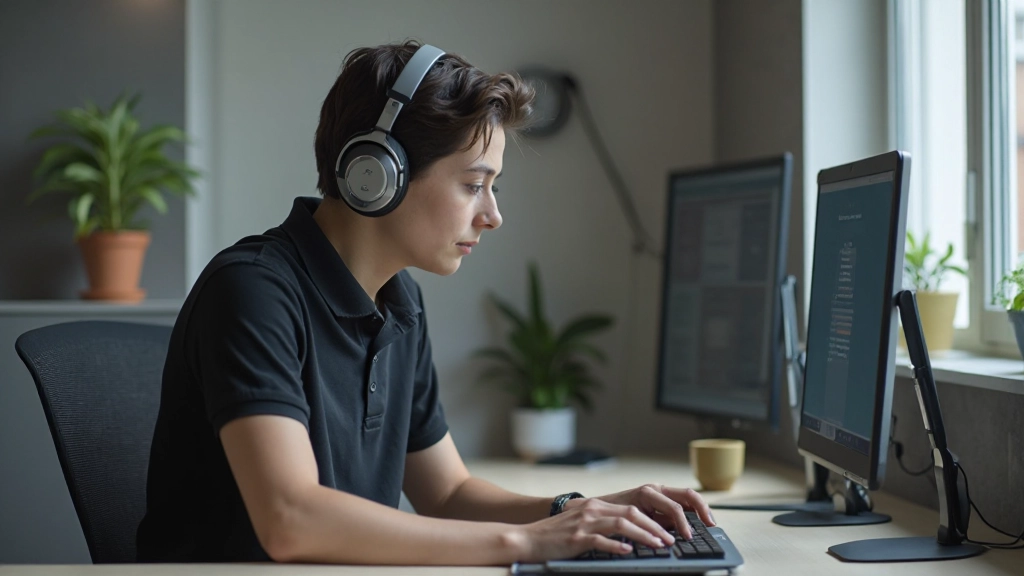 Современный рабочий в наушниках, сосредоточенно работающий в условиях минимальных отвлечений