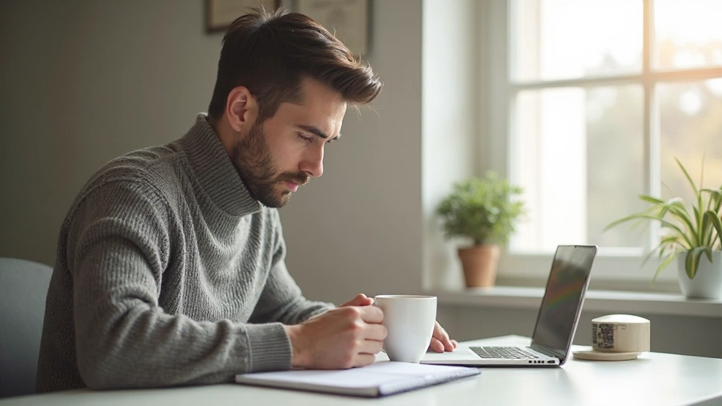 Человек с чашкой кофе утром за рабочим столом, начинающий свой день с утренней рутины