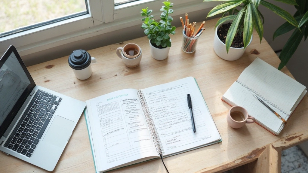 Современное рабочее пространство с ноутбуком и планировщиком для управления производительностью