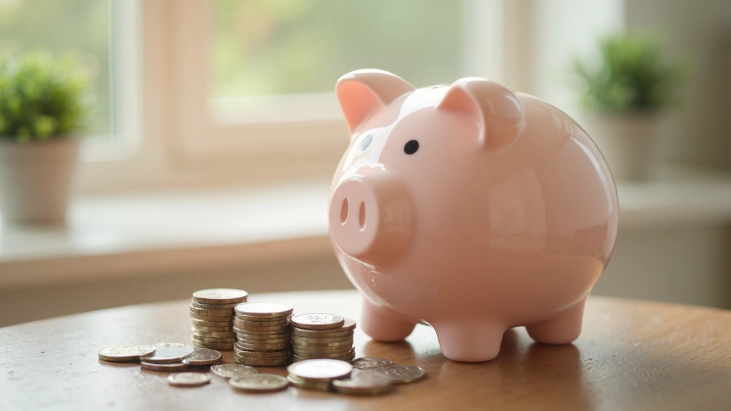 Копилка и монеты на столе, символизирующие процесс накопления и сбережений