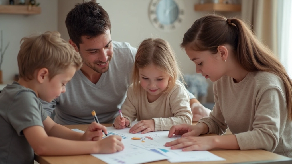 Семья обсуждает финансовые цели у обеденного стола с диаграммами