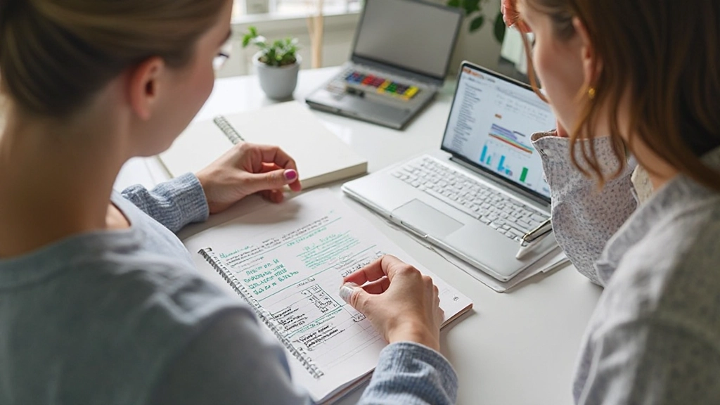 Руки работающей женщины с ноутбуком и планировщиком расходов на столе